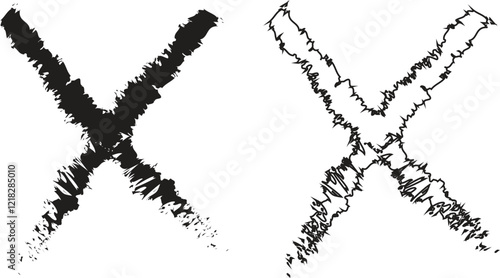 Cross icons set in black flat and outline styles. Wrong mark symbols. NO button for checkbox voting. Disagree tick box symbols. Cross X signs. Cross brush vectors isolated on transparent background.