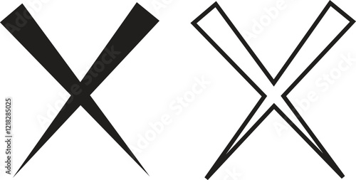 Cross icons set in black flat and outline styles. Wrong mark symbols. NO button for checkbox voting. Disagree tick box symbols. Cross X signs. Cross brush vectors isolated on transparent background.