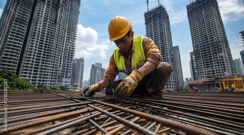 An Indonesian worker wearing a yellow helmet and safety vest is working on a construction site. He is laying steel rebar for the building frame.