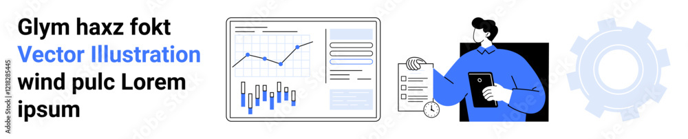 Bar and line graphs, person holding a document, gear icon, text elements. Ideal for business presentations, analytics, reports, data visualization, statistics, planning, corporate. Landing page Bar and line graphs, person holding a document, gear icon, text elements. Ideal for business presentations, analytics, reports, data visualization, statistics, planning, corporate. Landing page