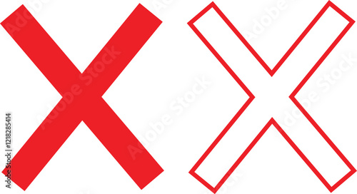 Cross sign icons set in red flat and outline styles. Wrong mark symbols. NO button for checkbox voting. Disagree tick box symbol. Cross X signs. Cross brush vectors isolated on transparent background.