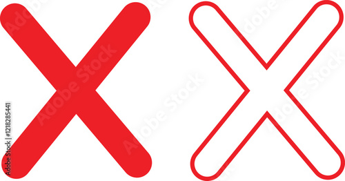 Cross sign icons set in red flat and outline styles. Wrong mark symbols. NO button for checkbox voting. Disagree tick box symbol. Cross X signs. Cross brush vectors isolated on transparent background.