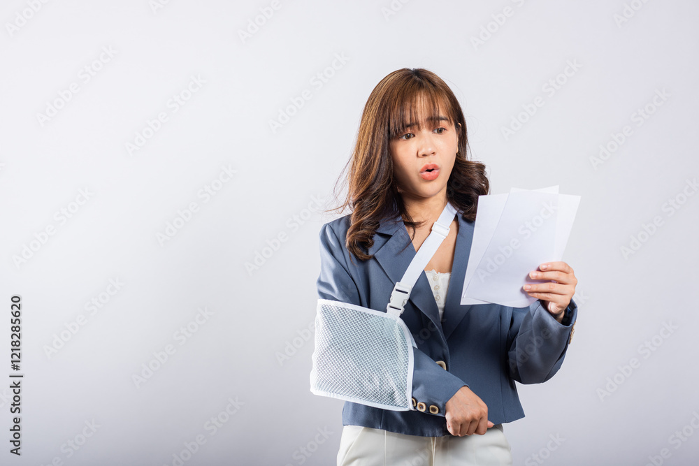Depressed upset businesswoman arm in a splint after an accident, finds comfort in sling support from an excited while holding medical bills payment. Asian woman on white background, Broken arm Depressed upset businesswoman arm in a splint after an accident, finds comfort in sling support from an excited while holding medical bills payment. Asian woman on white background, Broken arm