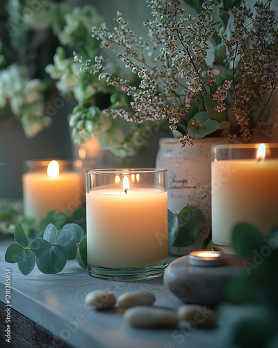 A serene arrangement of aromatherapy candles on a minimal surface, surrounded by fresh flowers, eucalyptus leaves, and natural stones, with one candle softly glowing.