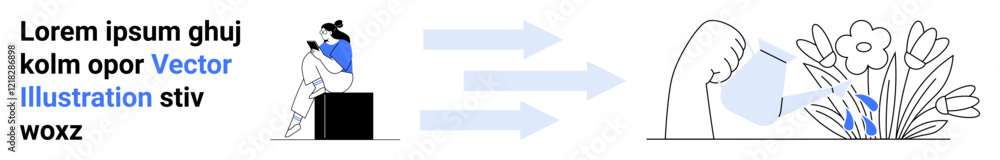 Person sitting with unreadable text and illustrative arrows leading to a hand watering flowers. Ideal for growth, learning, development, transformation, creativity, watering, nurturing. Landing page Person sitting with unreadable text and illustrative arrows leading to a hand watering flowers. Ideal for growth, learning, development, transformation, creativity, watering, nurturing. Landing page
