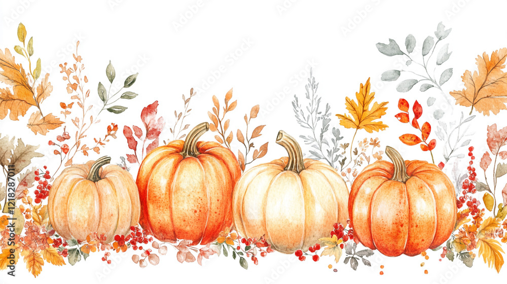 Naklejka premium A vibrant pattern featuring pumpkins and autumn color design, Watercolor-style border illustration with pumpkins, leaves, and flowers, abstract pumpkin orange color effect in white background.