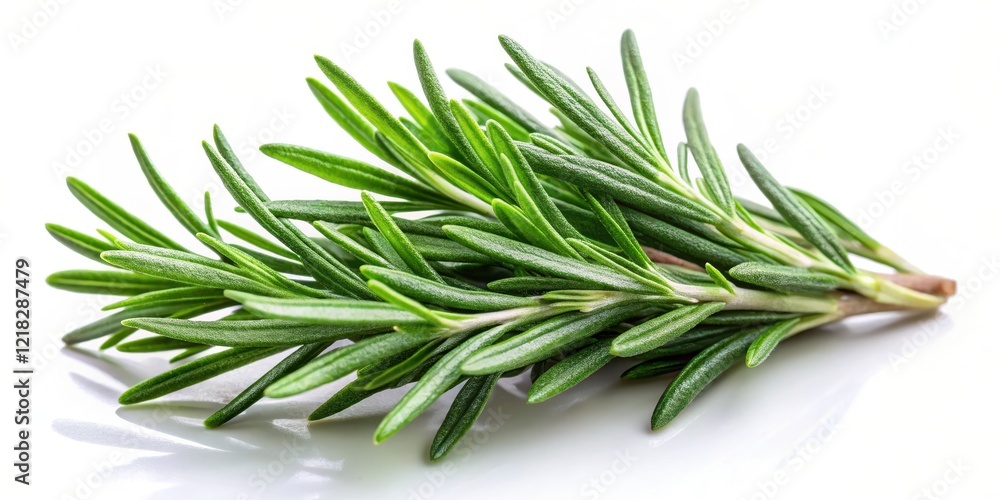 Fototapeta premium Fresh rosemary leaves isolated on white background with soft natural light, kitchen herb