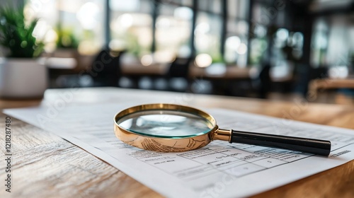 Close-up of a neatly organized stack of insurance documents with a magnifying glass on top, symbolizing the detailed process of insurance claims in a modern office setting. photo