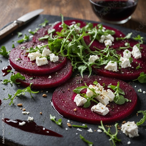 A vibrant beet carpaccio topped with goat cheese, arugula, and a balsamic glaze.