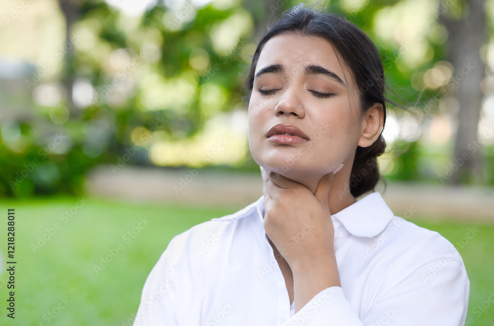 Allergic ill south asian Indian woman getting sick and having sore throat, coughing, air pollution allergy or choking with sickness or flu inflammatory infection Allergic ill south asian Indian woman getting sick and having sore throat, coughing, air pollution allergy or choking with sickness or flu inflammatory infection