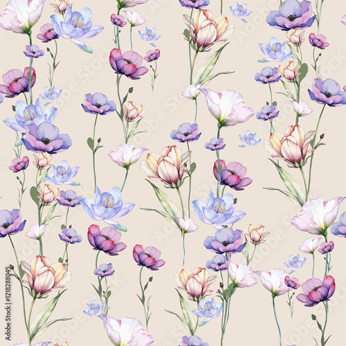 Floral Vector Pattern Background in Watercolor Style. Flowers Seamless Pattern. Botanical Pattern Background for Fabric, Textile, Surface Design.