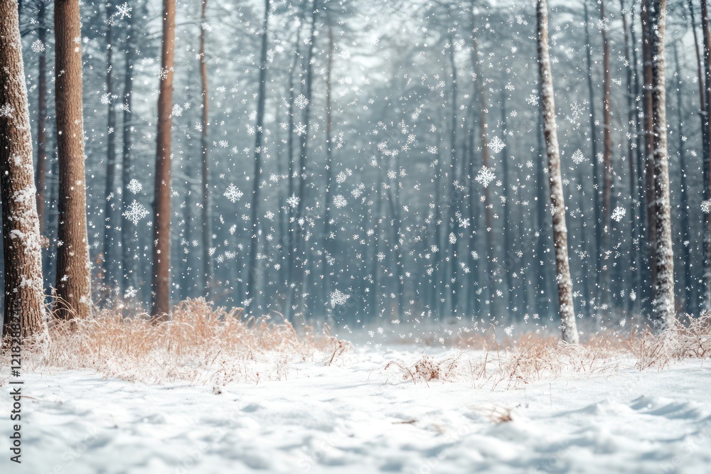 Fototapeta premium Snowflakes falling on silent woods, where the pristine snow blankets the ground and trees, creating a peaceful and serene winter scene.