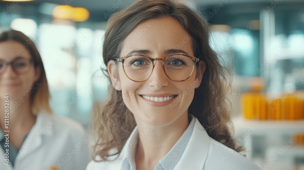 Smiling Female Scientist in Lab Coat at Pharmacy with Colleague, Showcasing Professionalism and Innovation in Healthcare Environment Smiling Female Scientist in Lab Coat at Pharmacy with Colleague, Showcasing Professionalism and Innovation in Healthcare Environment