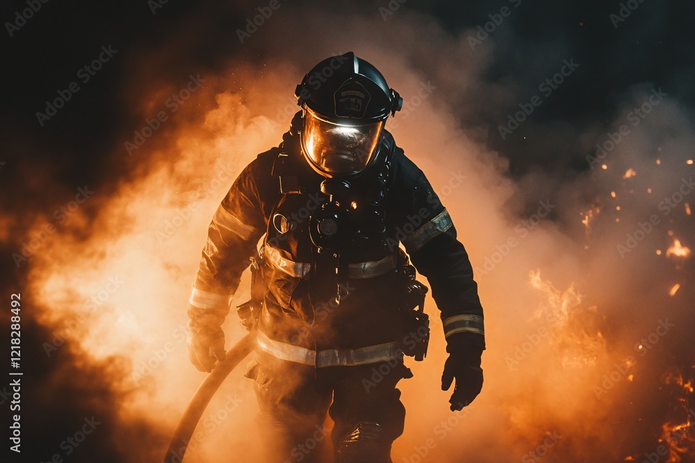 Fototapeta premium Brave Firefighter Walking Through Intense Blaze Smoke and Fire Emergency Rescue