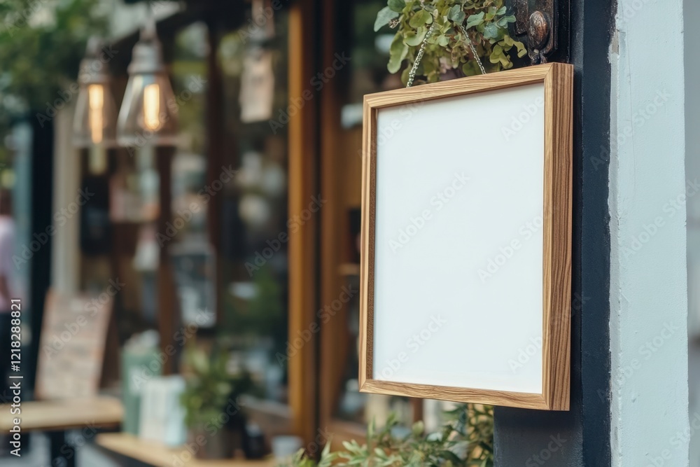Blank Advertising Sign Outside a Cozy Cafe with Greenery Decor