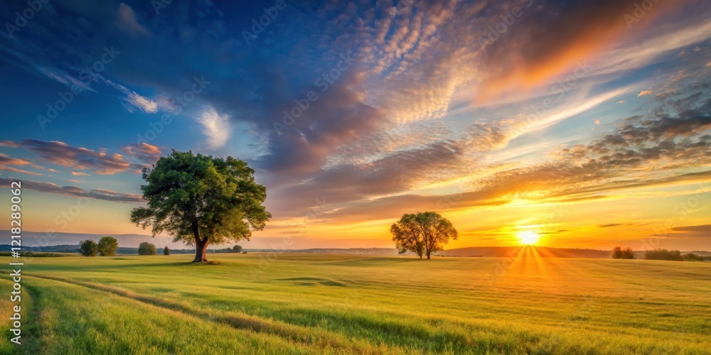 Obraz premium Sunset over vast, open fields with a few scattered trees on a clear summer day, open spaces