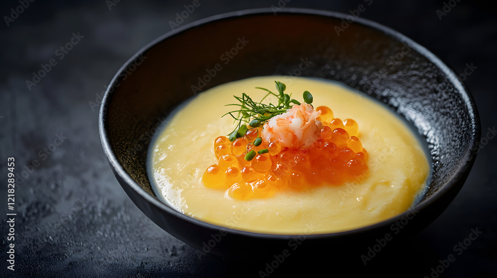 Beautifully Crafted Chawanmushi with Toppings on Dark Mat Beautifully Crafted Chawanmushi with Toppings on Dark Mat