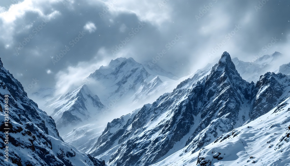 snow covered mountains snowstorm descending over towering mountain peaks snow covered mountains snowstorm descending over towering mountain peaks