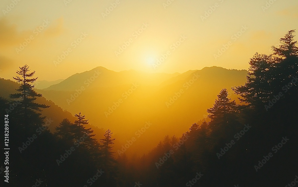 Naklejka premium Golden sunset over hazy mountain range silhouetted by dark evergreen trees.