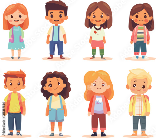 Set of happy kids in different clothes. Cartoon characters, isolated on a white background, Flat style cartoon vector illustration