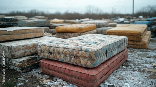 Dirty used mattresses piled at recycling site 