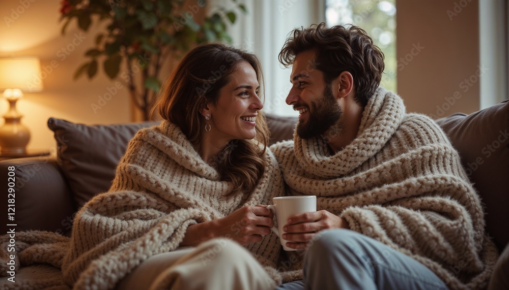 Loving Couple Sharing Warm Moment with Drink and Blanket at Home Loving Couple Sharing Warm Moment with Drink and Blanket at Home