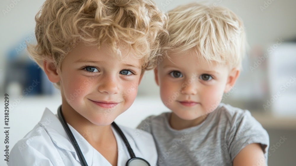 Charming Young Boys in Doctor Costume Smiling and Embracing in Bright Room Setting Charming Young Boys in Doctor Costume Smiling and Embracing in Bright Room Setting