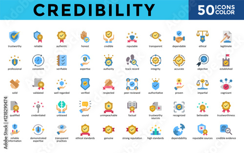 Credibility icons set with trustworthy, reliable, authentic, honest, credible, reputable, transparent, dependable, ethical, legitimate icon. Simple color vector 
