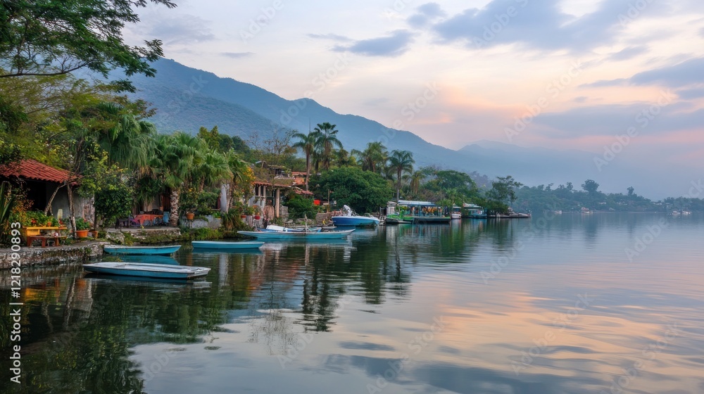 Serene Lakeside Village at Sunset: Boats, Mountains, and Tranquil Waters Serene Lakeside Village at Sunset: Boats, Mountains, and Tranquil Waters