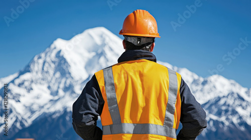 Wallpaper Mural Construction worker with Mountain View: A construction worker in a high-visibility vest and hard hat stands before a majestic snow-capped mountain, his back turned, gazing at the breathtaking vista. Torontodigital.ca