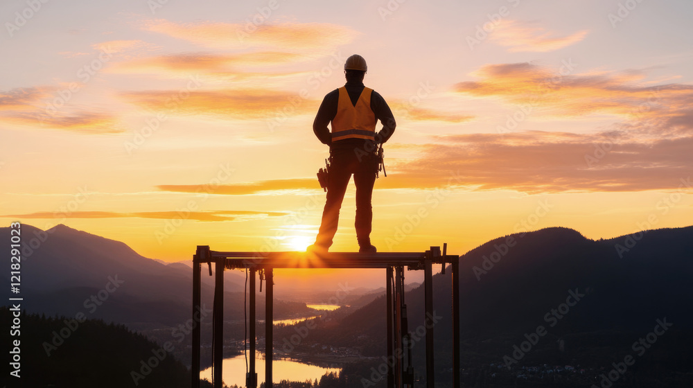 Fototapeta premium Construction Worker at Sunrise: A solitary construction worker, silhouetted against the vibrant hues of a breathtaking sunrise, stands atop a scaffold.