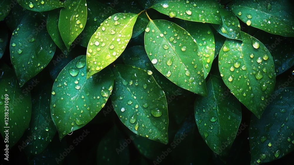 Obraz premium Rainforest leaves adorned with dew drops, vibrant greens and dynamic light refractions 