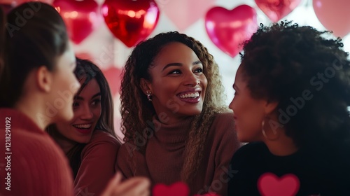 A diverse group of women seated in conversation at a Valentine's-inspired business gathering