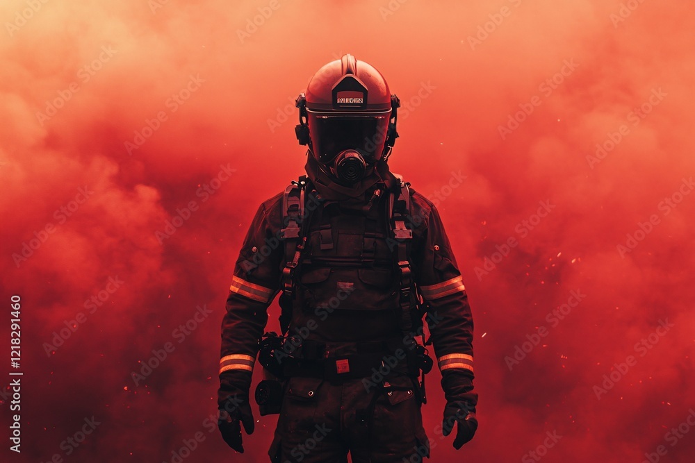 Firefighter in Protective Gear Facing Danger Amidst Red Smoke and Flames Firefighter in Protective Gear Facing Danger Amidst Red Smoke and Flames