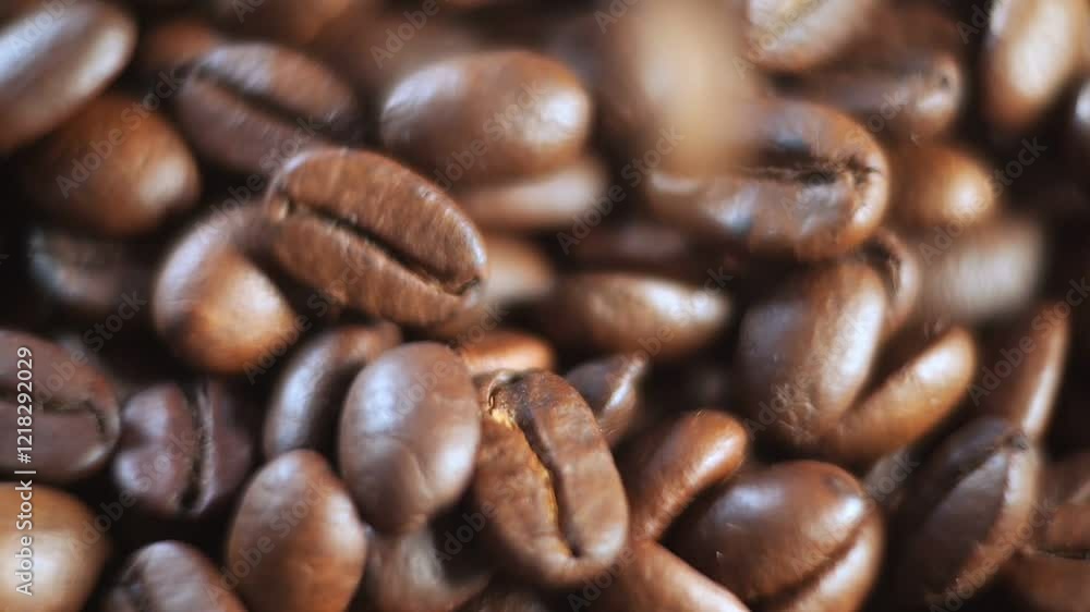 Close up of coffee beans with the beans being of different sizes. The beans are spread out and appear to be freshly ground Close up of coffee beans with the beans being of different sizes. The beans are spread out and appear to be freshly ground