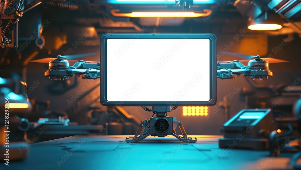 Fototapeta premium Projecting a faint holographic rectangle, a drone hovers steadily in a subtly lit, futuristic-themed environment.