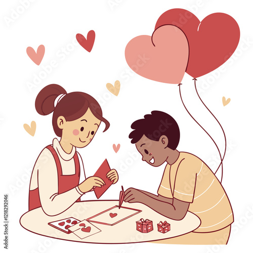 Valentine day girl and boy working