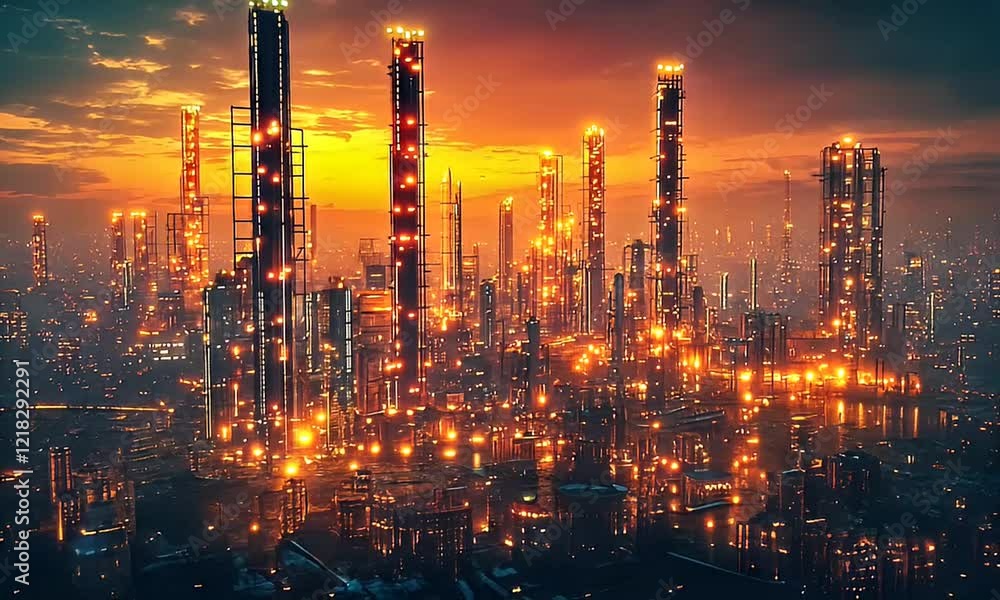 Sunset over a futuristic industrial cityscape with towering refinery structures. Sunset over a futuristic industrial cityscape with towering refinery structures.