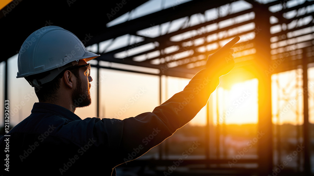 Visionary Architect at Sunset: A construction worker, silhouetted against a breathtaking sunset, stands amidst the skeletal frame of a building, gesturing towards the horizon. Visionary Architect at Sunset: A construction worker, silhouetted against a breathtaking sunset, stands amidst the skeletal frame of a building, gesturing towards the horizon.