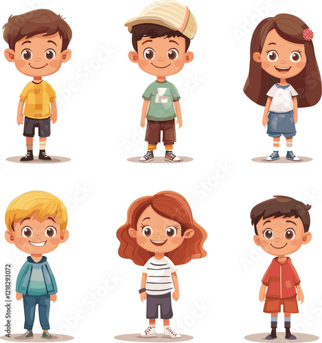 Set of happy kids in different clothes. Cartoon characters, isolated on a white background, Flat style cartoon vector illustration