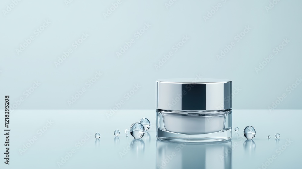 Elegant and Minimalist Skincare Cream Jar on Reflective Surface with Water Droplets Against Soft Blue Background for Beauty and Wellness Promotion Elegant and Minimalist Skincare Cream Jar on Reflective Surface with Water Droplets Against Soft Blue Background for Beauty and Wellness Promotion
