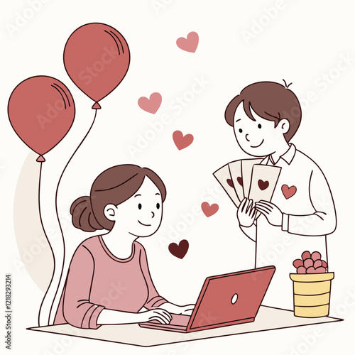 Valentine day girl and boy working