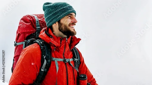 Adventurous man hiking in the mountains with a backpack and gear,  photo