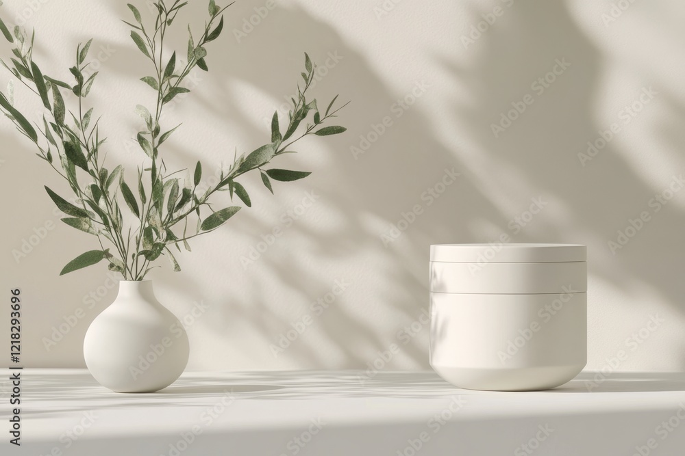 Minimalist Still Life with Olive Branch and White Container on Table Minimalist Still Life with Olive Branch and White Container on Table