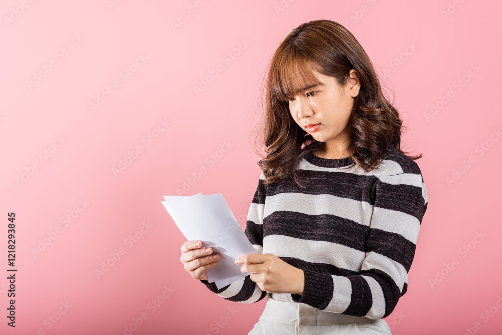 Portrait of beautiful Asian young woman sad tired strain holding paper calculating bills on hand, female person problem she hold worried over bill, studio shot isolated on pink background Portrait of beautiful Asian young woman sad tired strain holding paper calculating bills on hand, female person problem she hold worried over bill, studio shot isolated on pink background