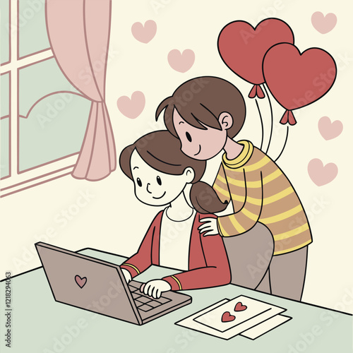 Valentine day girl and boy working