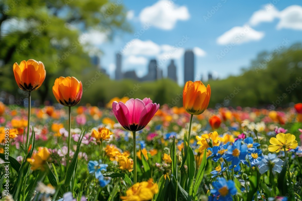 Spring flowers blooming in an urban park, where the colorful blossoms contrast with the city's skyline, creating a vibrant and lively scene. Spring flowers blooming in an urban park, where the colorful blossoms contrast with the city's skyline, creating a vibrant and lively scene.