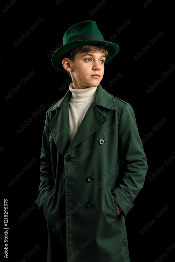 a boy in a trendy St. Patrick’s Day outfit, featuring a tailored green trench coat over a white turtleneck, paired with a stylish green fedora a boy in a trendy St. Patrick’s Day outfit, featuring a tailored green trench coat over a white turtleneck, paired with a stylish green fedora