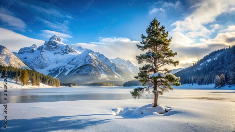 serene winter landscape with a solitary pine tree standing tall amidst snow-covered mountains and frozen lakes, snowy mountain backdrop, natural beauty serene winter landscape with a solitary pine tree standing tall amidst snow-covered mountains and frozen lakes, snowy mountain backdrop, natural beauty
