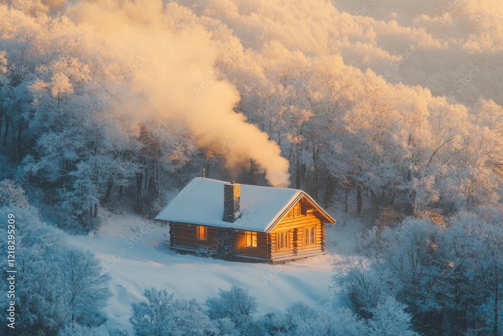 Cozy log cabin in a snowy landscape with smoke rising from the chimney, surrounded by frosted trees Cozy log cabin in a snowy landscape with smoke rising from the chimney, surrounded by frosted trees